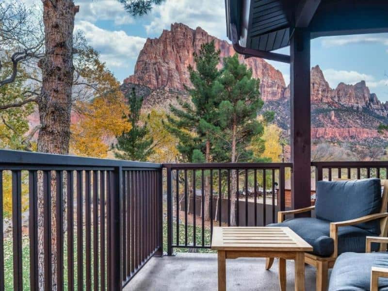 Private balcony with red rock views at hotel in Springdale UT near Zion National Park entrance