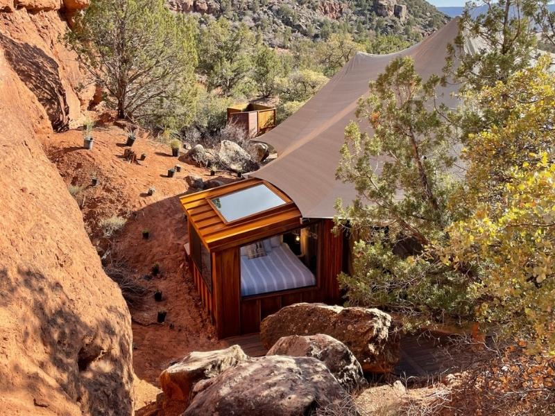 A sky gazing bed at Open Sky Zion - a Zion National Park glamping site.