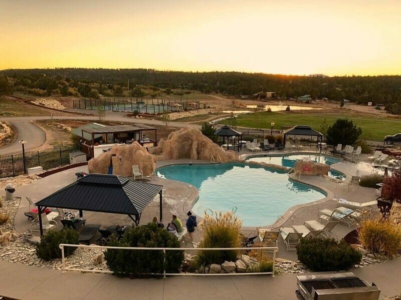 View over the pool area at Zion Ponderosa Resort near Zion National Park