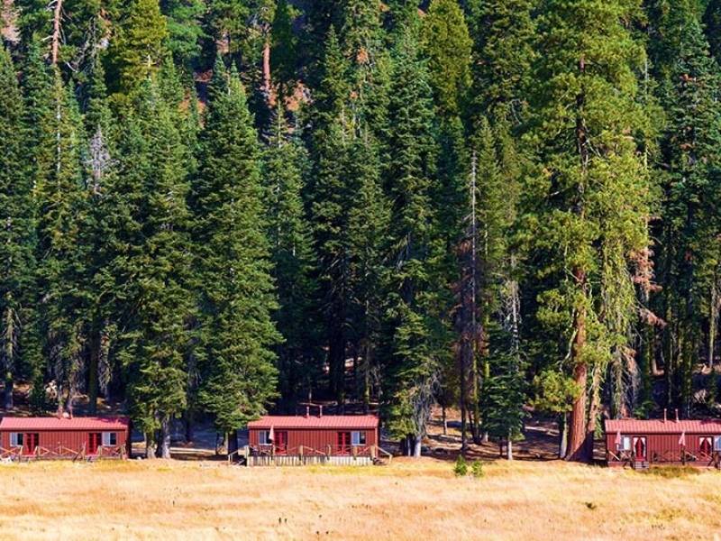 3 cabins in front of a dense forest at Drakesburg Guest Ranch in Lassen Volcanic National Park, California