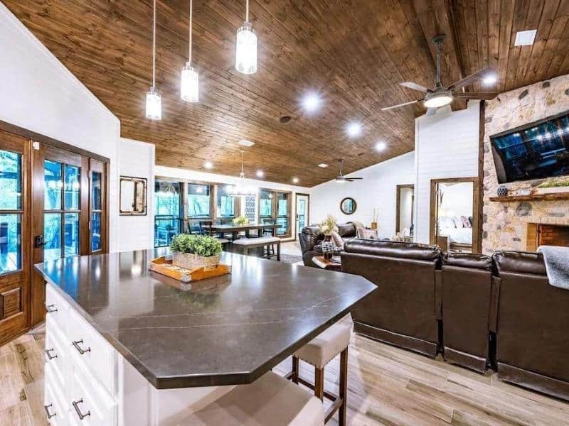 Kitchen and living area at one of the luxury cabins in Broken Bow, OK