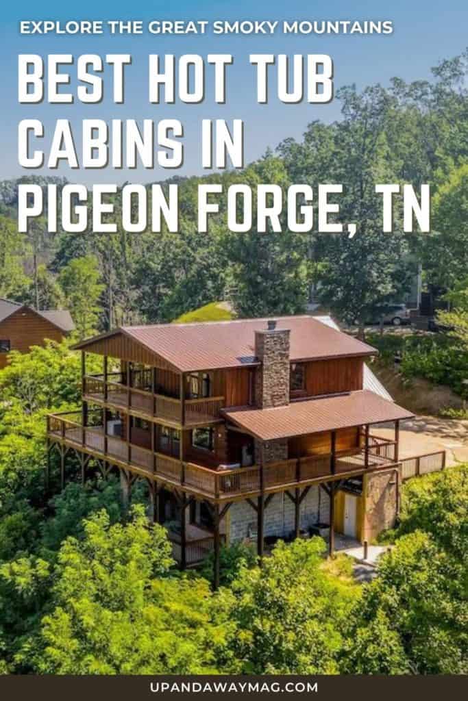 Large 3 story cabin in Pigeon Forge for rent with text reading 