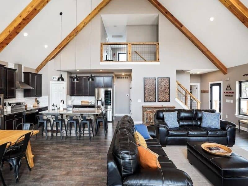 Kitchen and living area in modern 5-bedroom Hocking Hills cabin