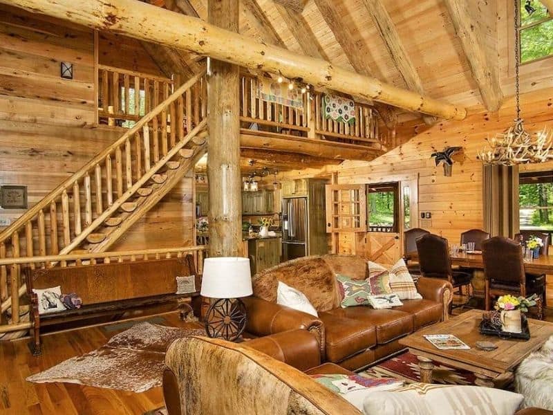 Modern rustic living area in luxury Hocking Hills home sleeping up to 18