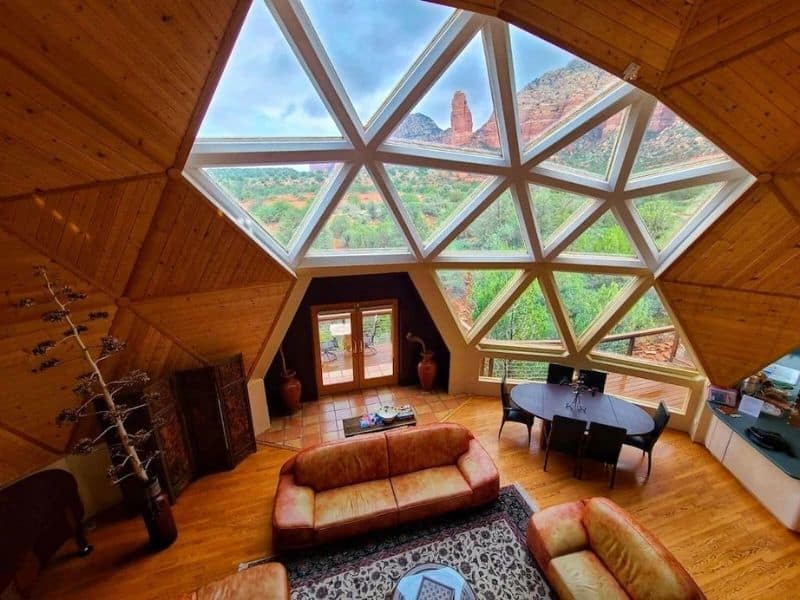 Sedona Geo Dome - aerial view of living room with geometric windows