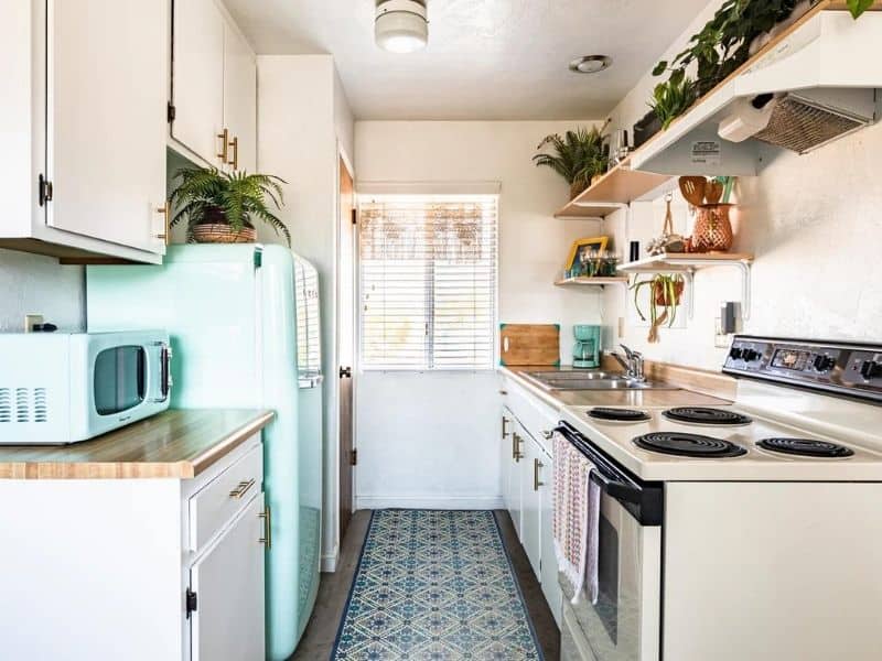 Retro kitchen at Streamliner Joshua Tree Airbnb