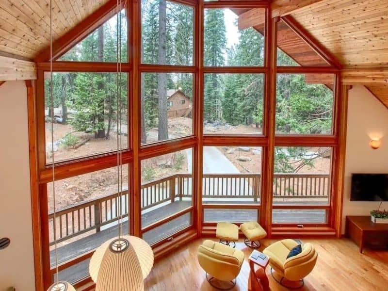 large floor to ceiling windows in a Yosemite cabin