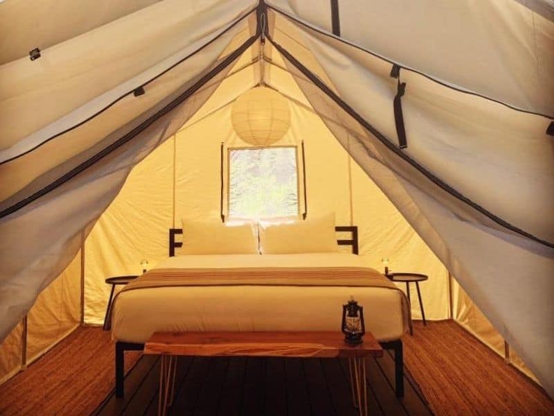 Interior of glamping tent at Highlands Resort, CA