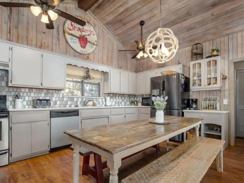 Modern farm style kitchen at Turner Falls cabin rental