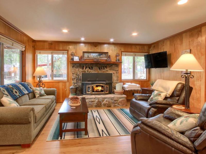 Living area with fireplace at dog friendly Yosemite cabin