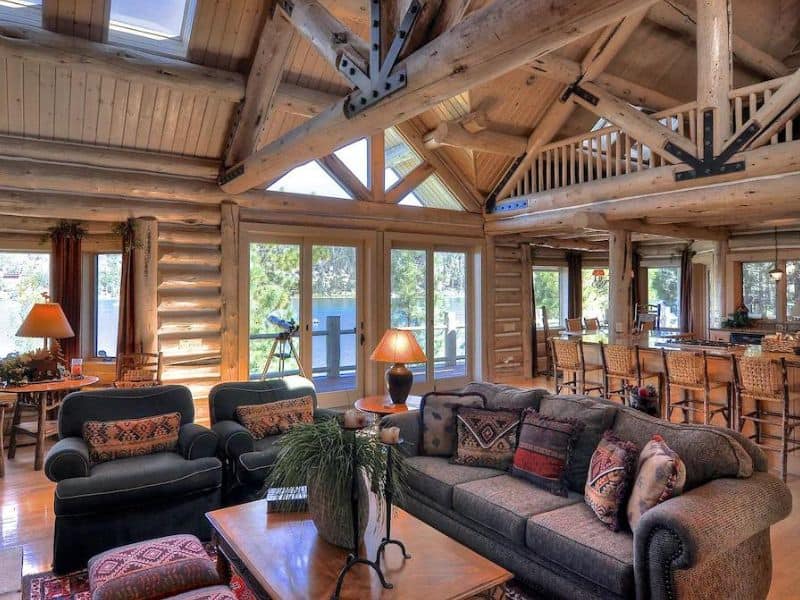 Interior sitting area of log cabin rental in Big Bear, CA