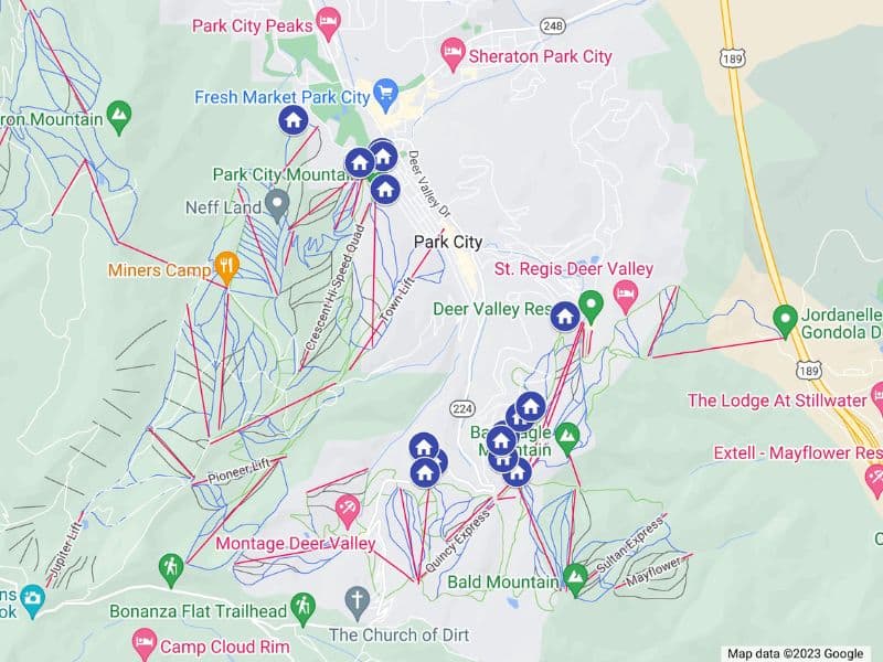 Ski In Ski Out Park City vacation rentals map created using Google My Maps