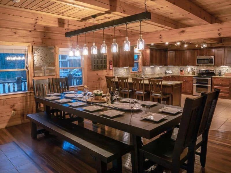 Upscale dining table and kitchen in cabin rental in Hocking Hills