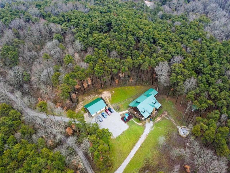Aerial view of large cabin in the woods  with green roof