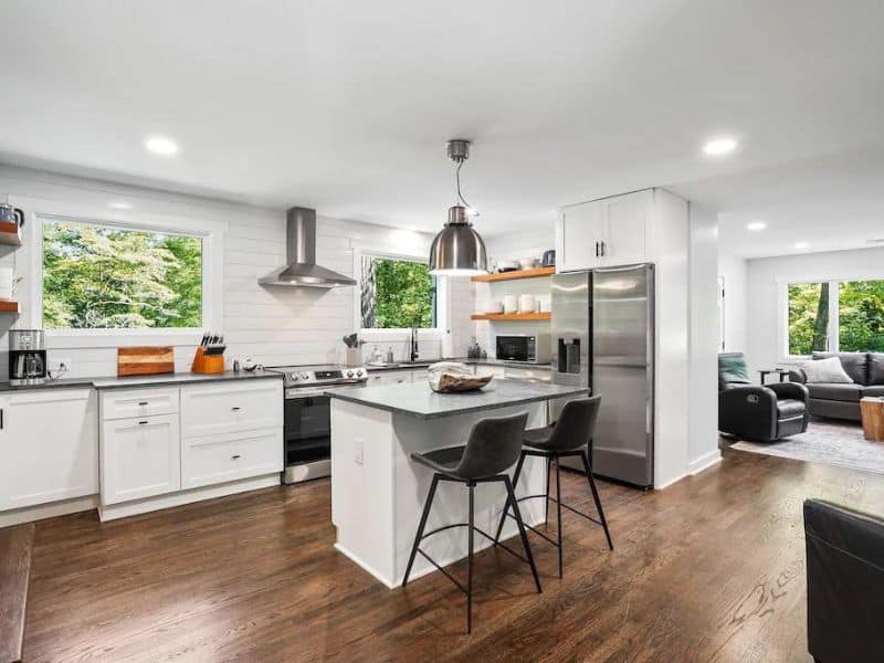 Modern kitchen with island in Hocking Hills cabin rental