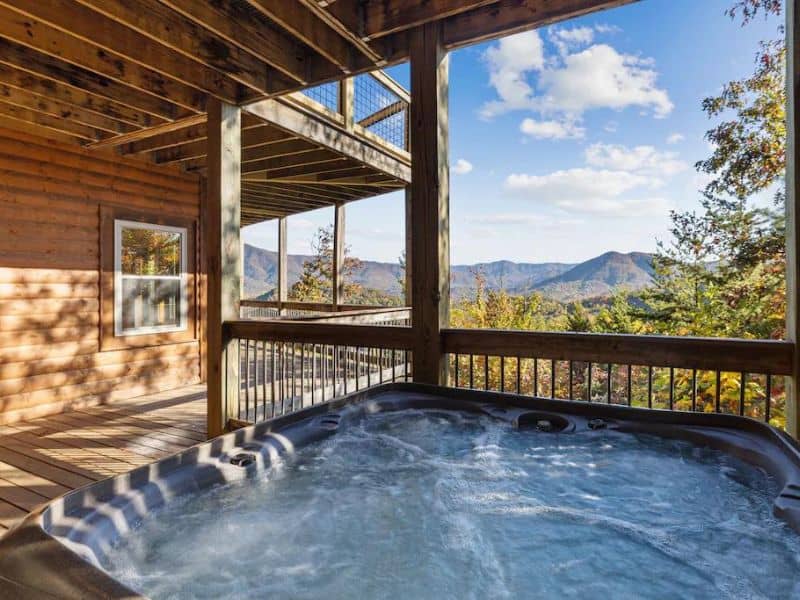 Balcony Jacuzzi with mountain views of Pigeon Forge vacation home.