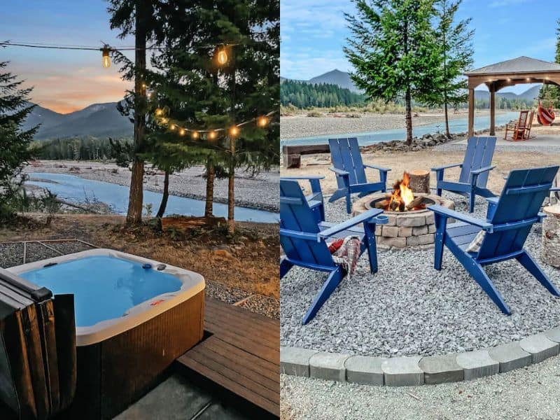 Two photos side-by-side. Left hand side features a hot tub overlooking a river at dusk. Right-hand side features blue Adirondack chairs around a fire pit near a river.