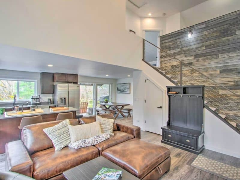 Modern cabin open plan interior with leather couch and high-end kitchen