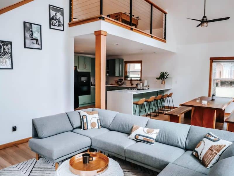 Scandinavian inspired open living area and kitchen in cabin rental in Packwood, WA
