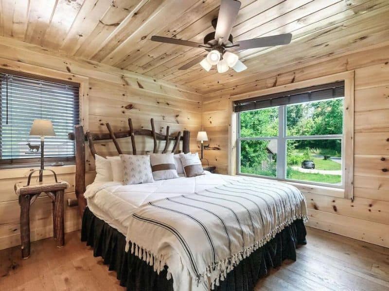 Modern rustic king bedroom in vacation rental near Gatlinburg