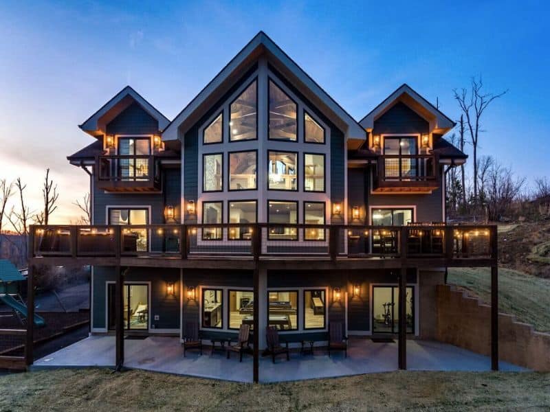 Exterior view of modern multi-story estate in Gatlinburg