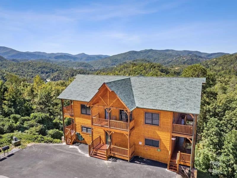 Aerial view of large wood multi-level cabin rental in Gatlinburg