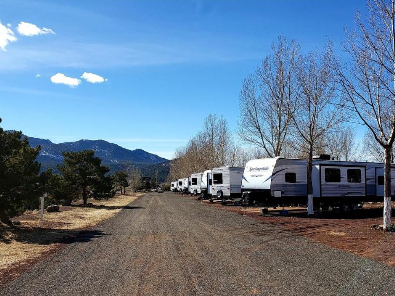 Row of RVs parked at Grand Canyon RV Glamping in Williams AZ, with a clear sky above and mountains in the distance.