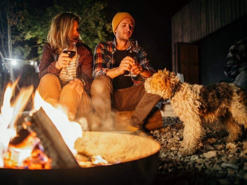 Two people enjoying wine by a campfire with their dog, highlighting a pet-friendly glamping experience.