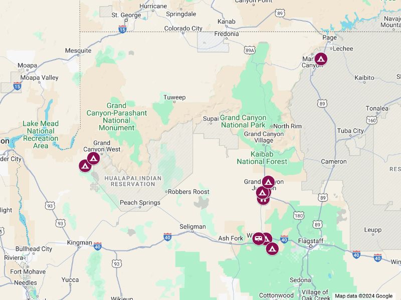 Custom Google map showing the locations of various glamping sites near the Grand Canyon, with icons indicating points of interest spread around the Grand Canyon National Park, Kaibab National Forest, and adjacent regions.