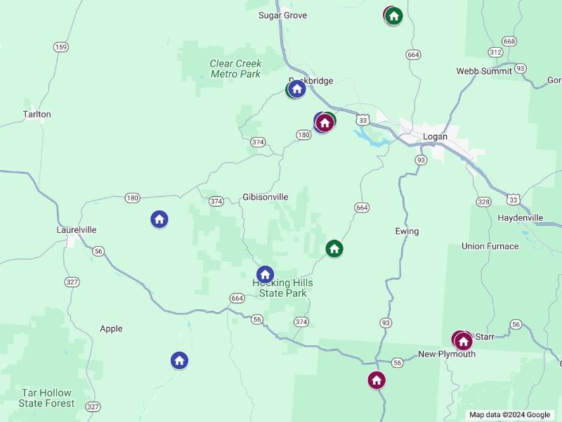 Map of Hocking Hills, Ohio, with pins marking the locations of shipping container cabins. Key areas labeled include Clear Creek Metro Park, Rockbridge, Logan, and Hocking Hills State Park.