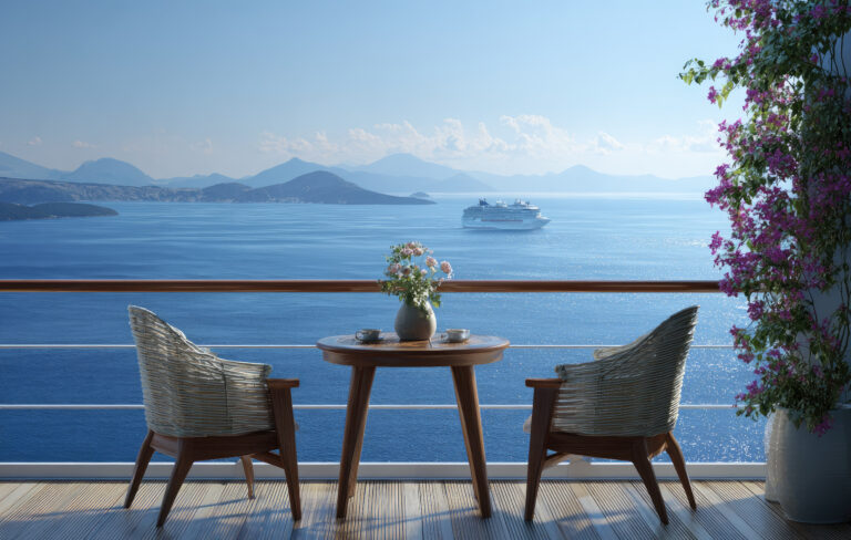 A scenic balcony view showcases a table with vase of flowers, accompanied by two wicker chairs. The composition features clear blue water meeting the horizon under a vibrant sky. The image evokes a sense of tranquility, suitable for travel and lifestyle content. This setting could be ideal for editorial or commercial uses.