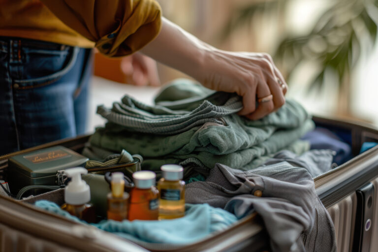 Neatly folded clothes being packed into a suitcase, alongside organized travel-sized toiletries. ideal for depicting travel preparation, organization, and packing efficiency. focuses on methodical travel planning and minimalist packing style.
