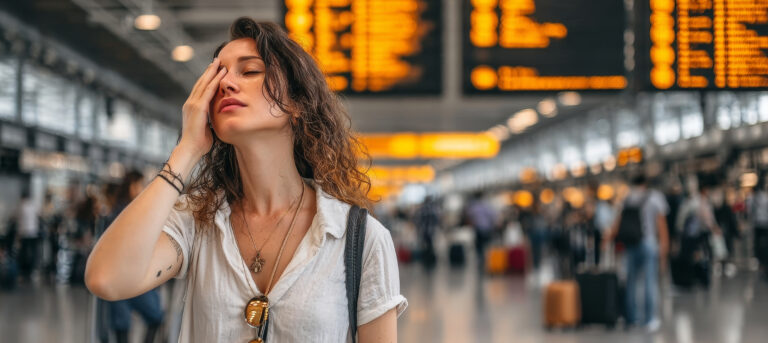 Young Woman Faces Stressful Travel Experience with Flight Delays and Airport Chaos During Journey
